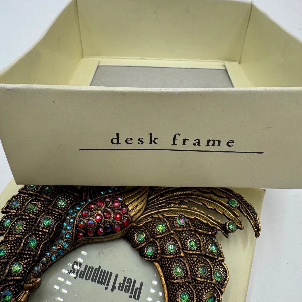 Pier 1 Imports Peacock Desk Picture Frame Rhinestone‎ Jeweled Ornate Brass Tone
